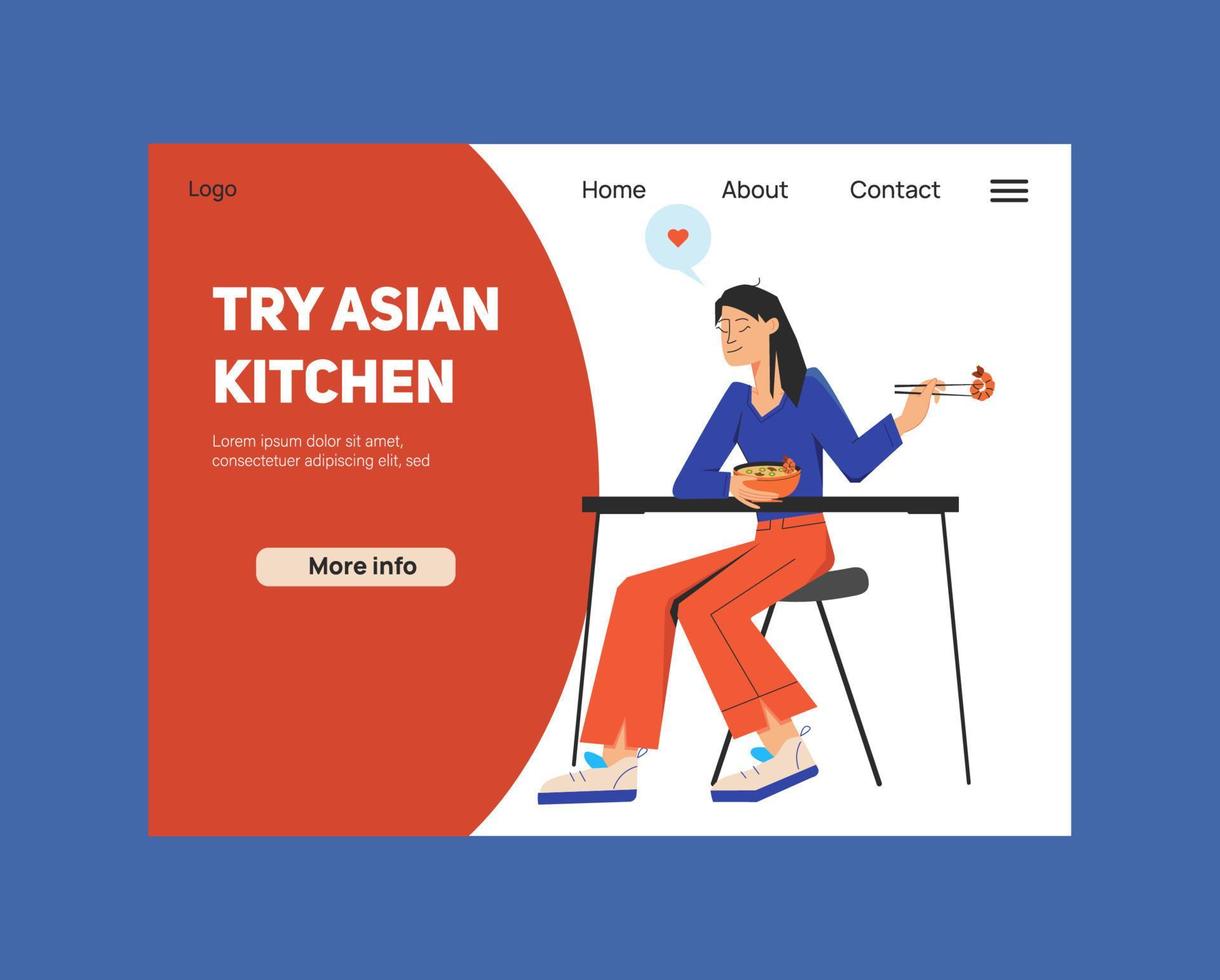 aterrizaje página diseño con asiático comida concepto. niña comer miso sopa con camarón vector