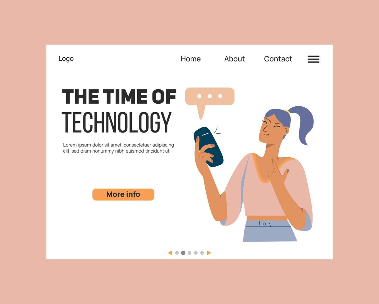Landing page design with technology concept. Woman using a smartphone vector