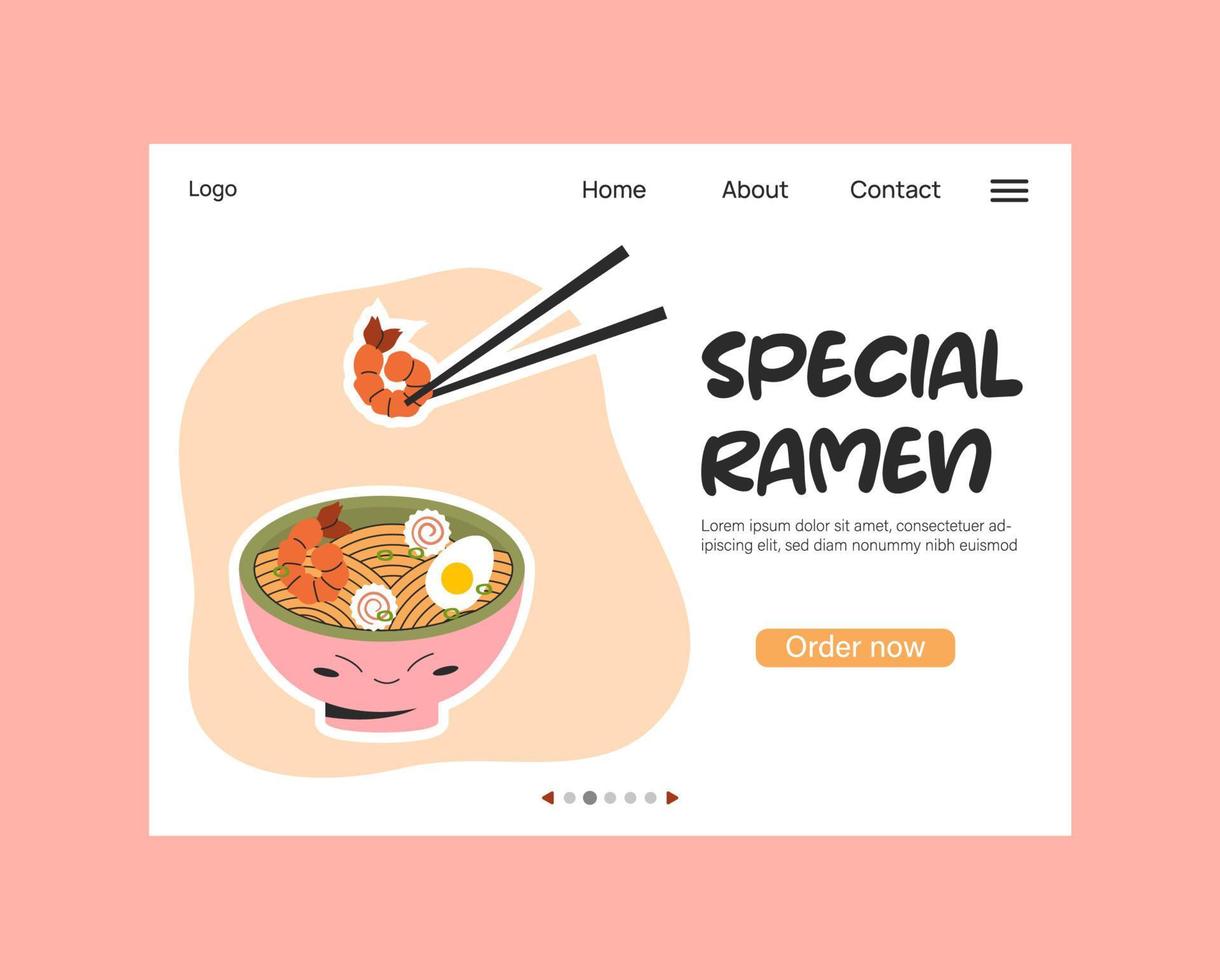 Landing page design with asian food concept Ramen bowl with shrimp vector