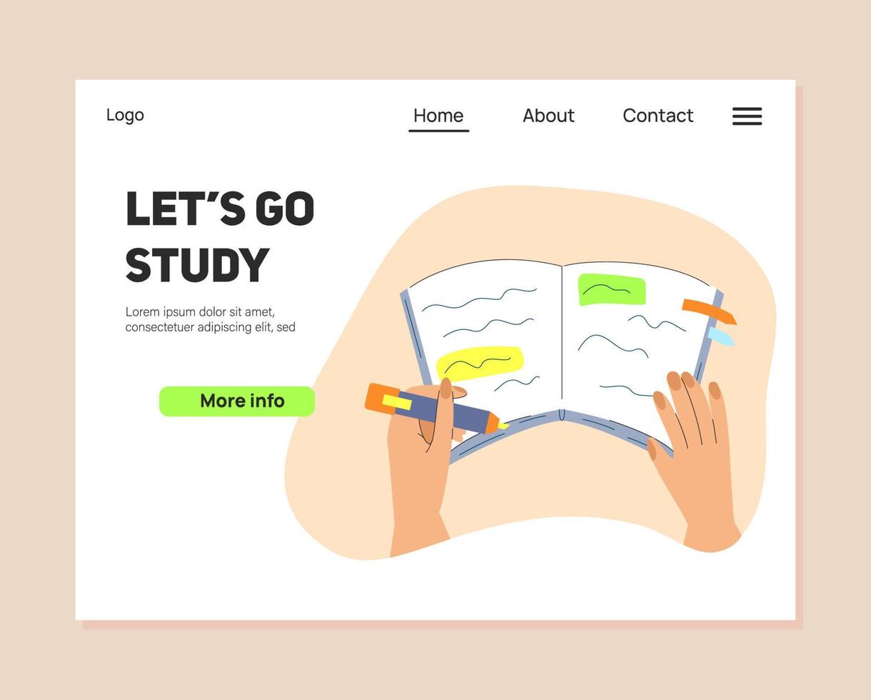 Landing page design with study concept. Making notes in workbook vector