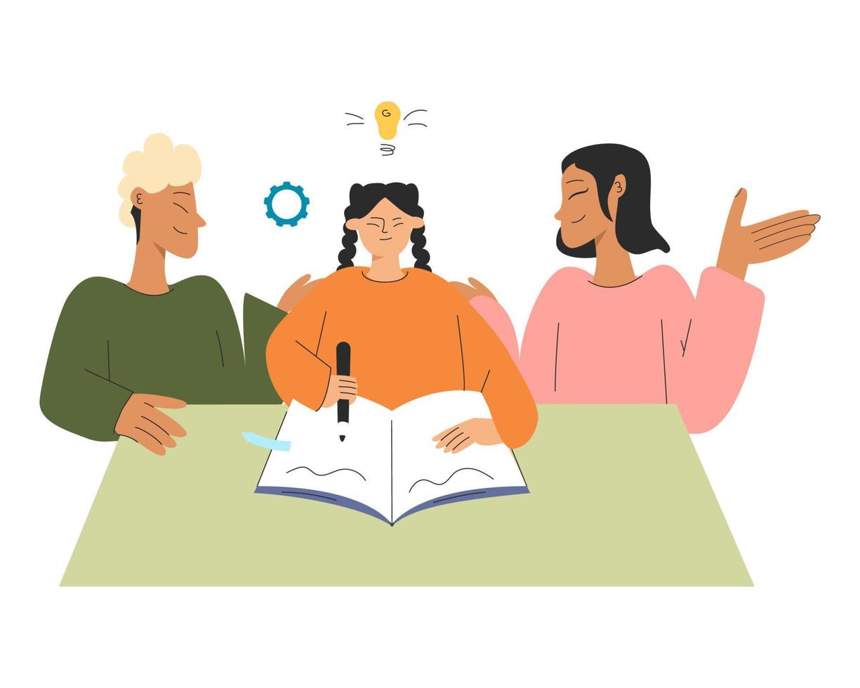 Parents teach lessons with their daughter Learning concept vector