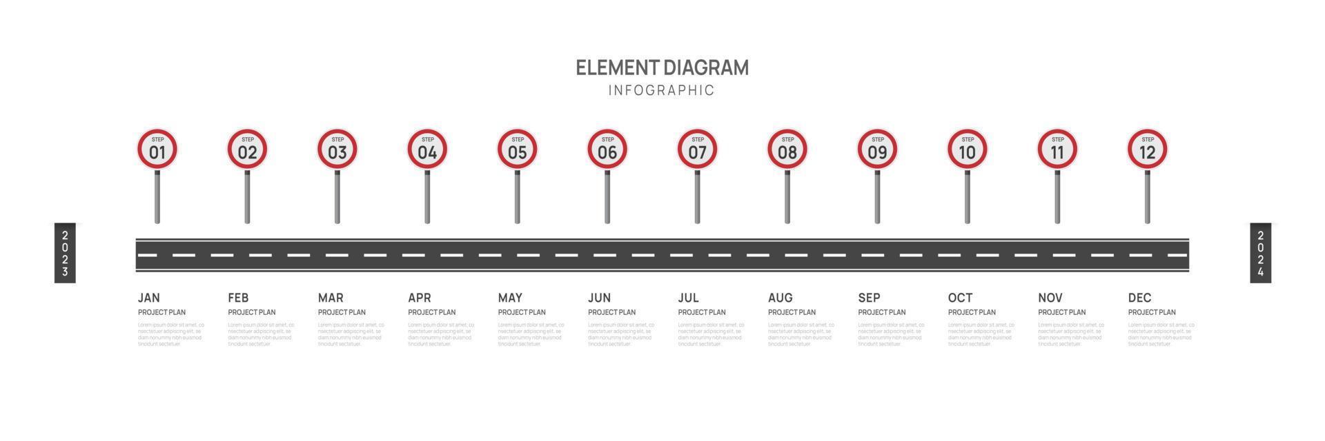 Infographic Roadmap template for business. 12 Months modern Timeline element diagram calendar, 4 quarter steps milestone presentation vector infographic.