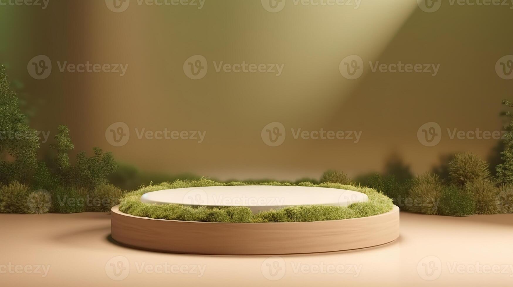 , product beige minimal scene with geometric podium platform and moss plants, mock up stand for cosmetic products. photo