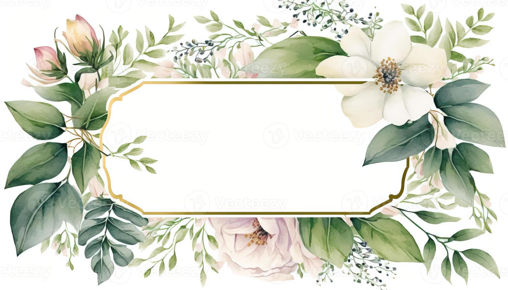 , Watercolor frame with spring flowers, hand drawn art style with place for text. Greeting, birthday and other holiday, wedding invitation concept photo