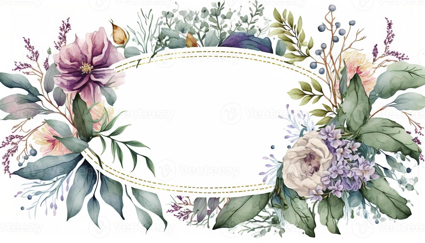 , Watercolor frame with spring flowers, hand drawn art style with place for text. Greeting, birthday and other holiday, wedding invitation concept photo