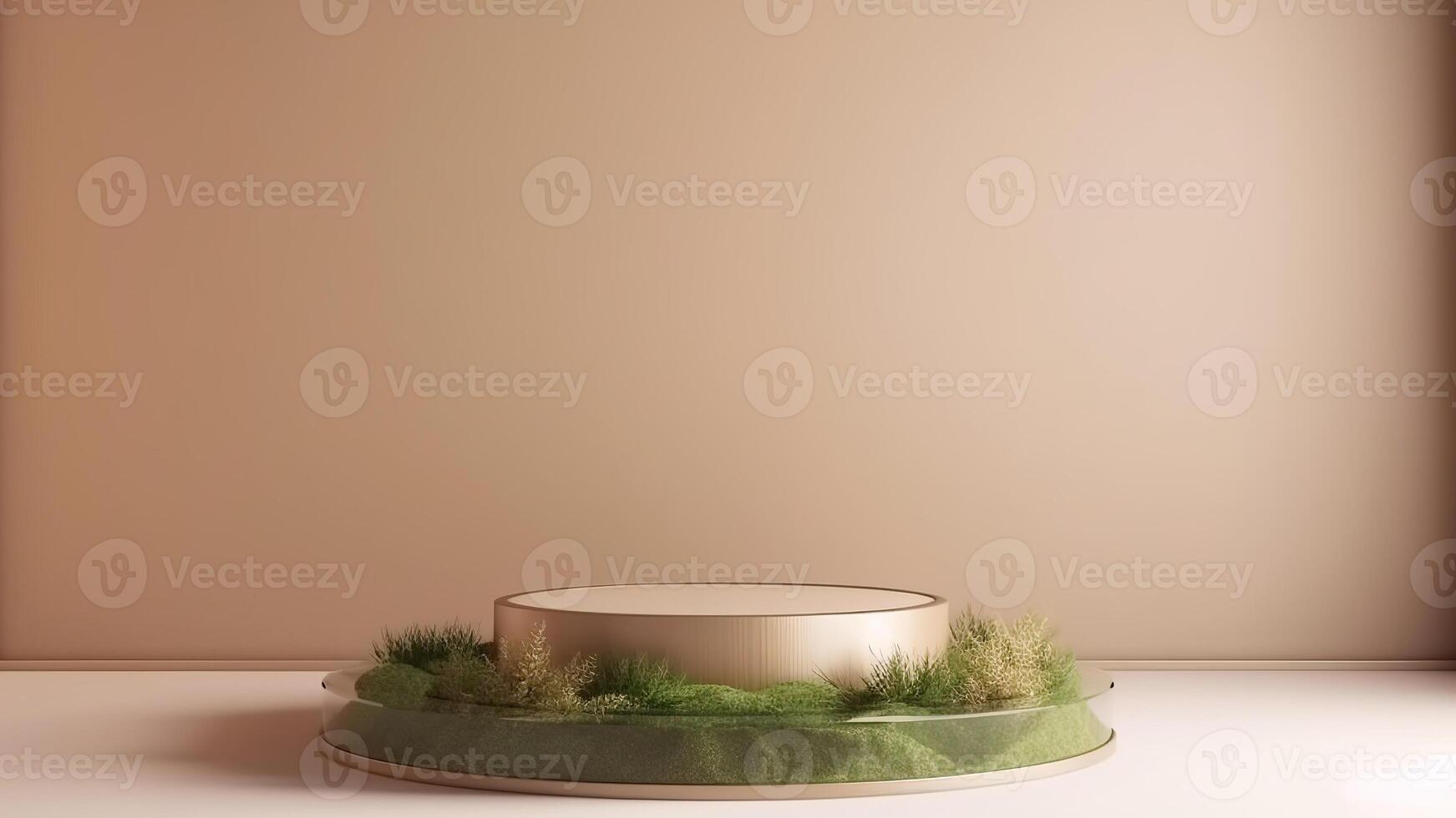 , product beige minimal scene with geometric podium platform and moss plants, mock up stand for cosmetic products. photo