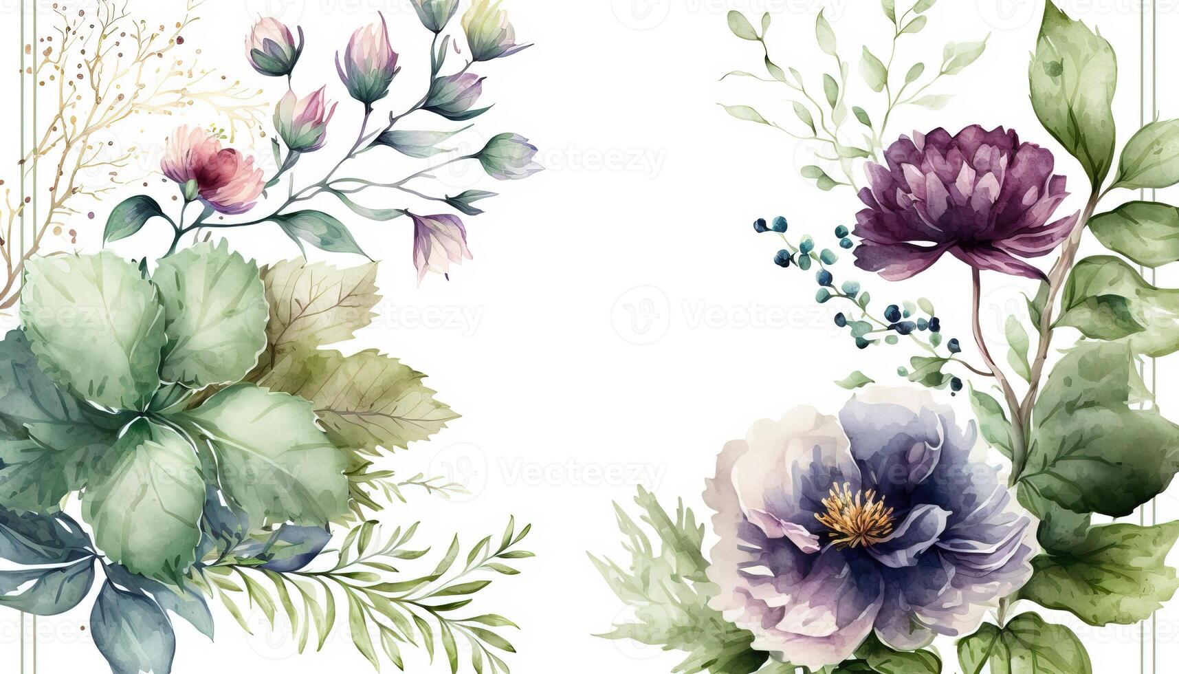 , Watercolor frame with spring flowers, hand drawn art style with place for text. Greeting, birthday and other holiday, wedding invitation concept photo