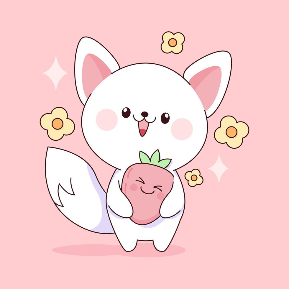 blanco kawaii gato con fresa vector