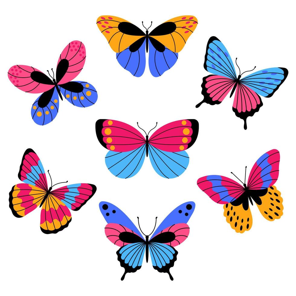 colección de exótico mariposas conjunto de tropical volador insectos con vistoso alas aislado en blanco antecedentes. vector