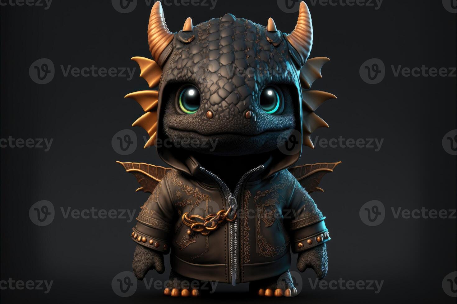 Cute dragon in warrior mascot costume on black background. 12 Chinese zodiac signs horoscope concept. photo