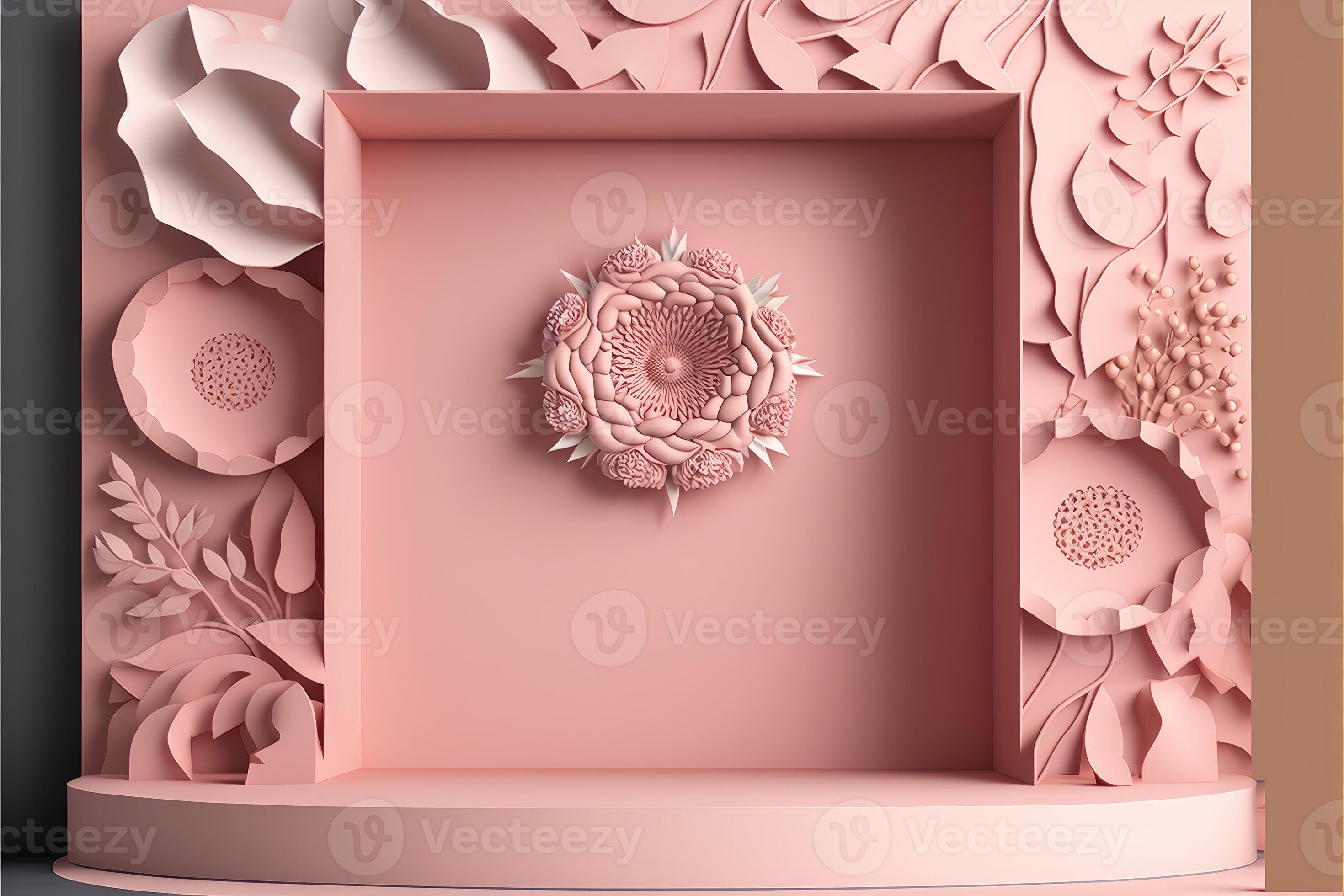 Pink paper art podium and flower. Product stage, stucco pedestal with