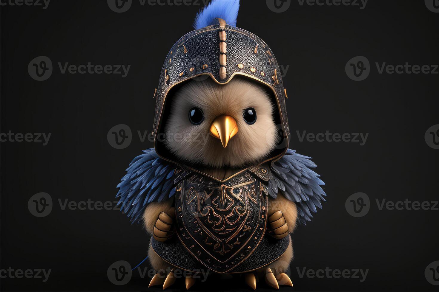 Cute chicken in warrior mascot costume on black background. 12 Chinese zodiac signs horoscope concept. photo