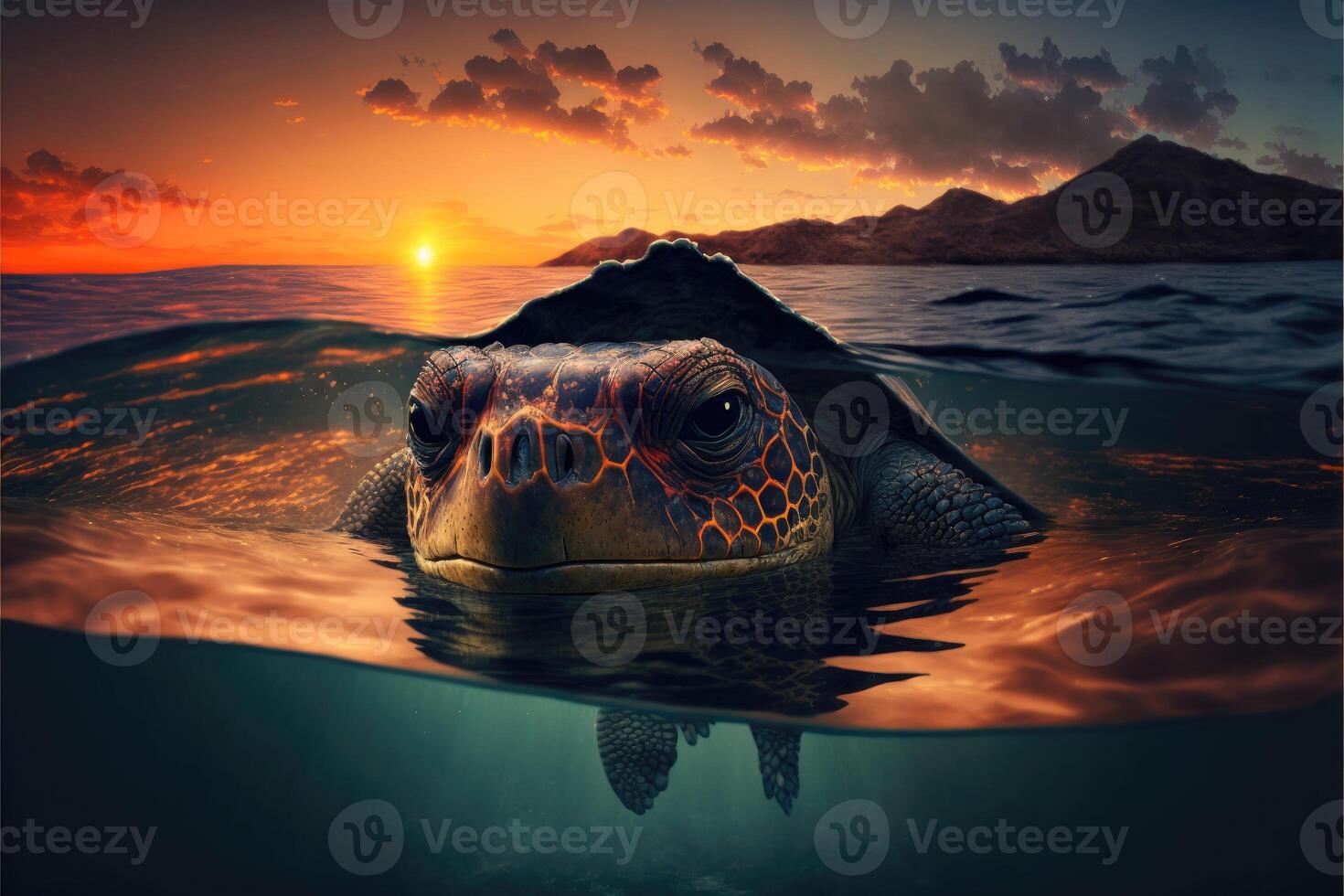 Turtle floats above the water at sunset. photo