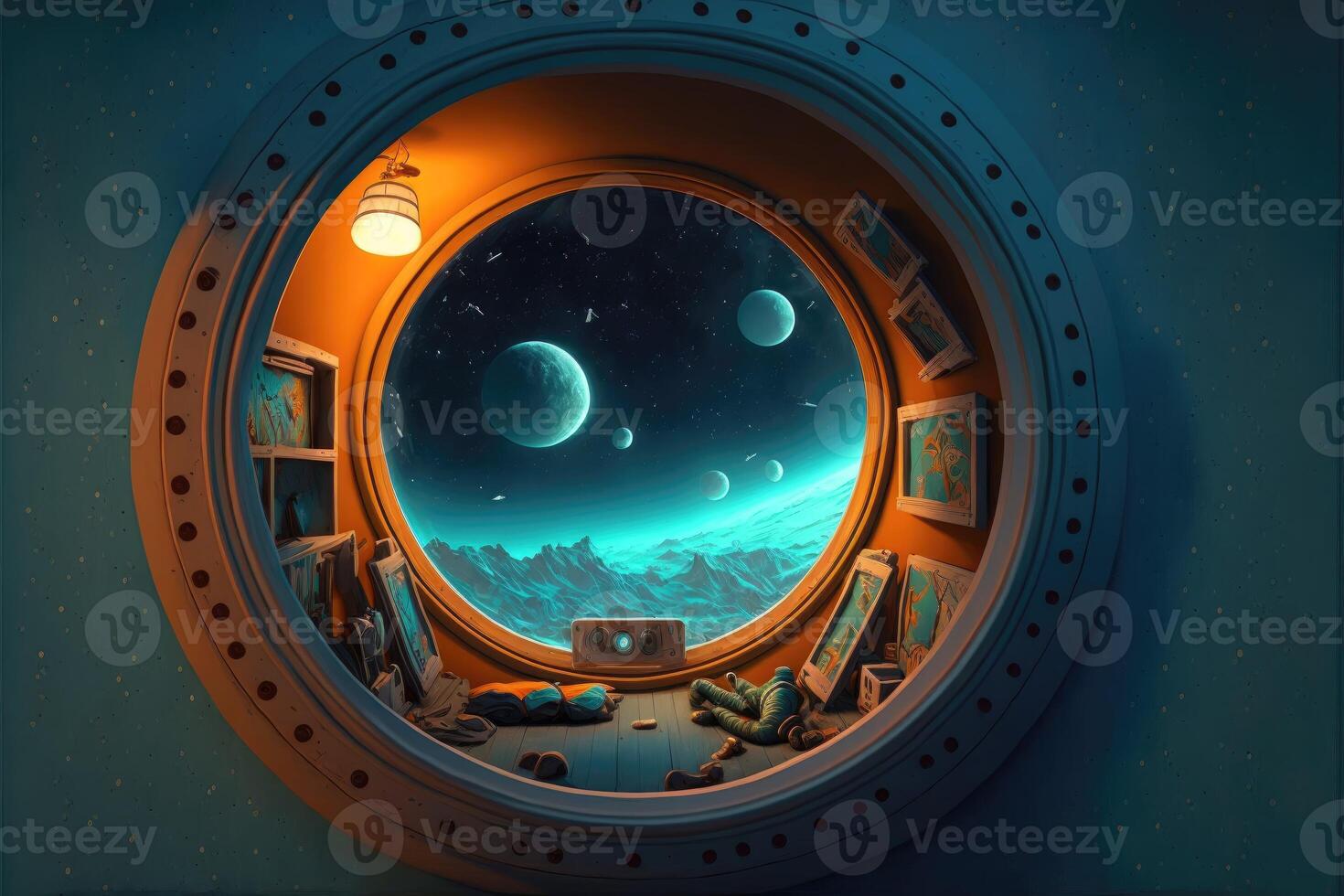 ai generado ventana en un astronave habitación con vista a el Luna y tierra. foto