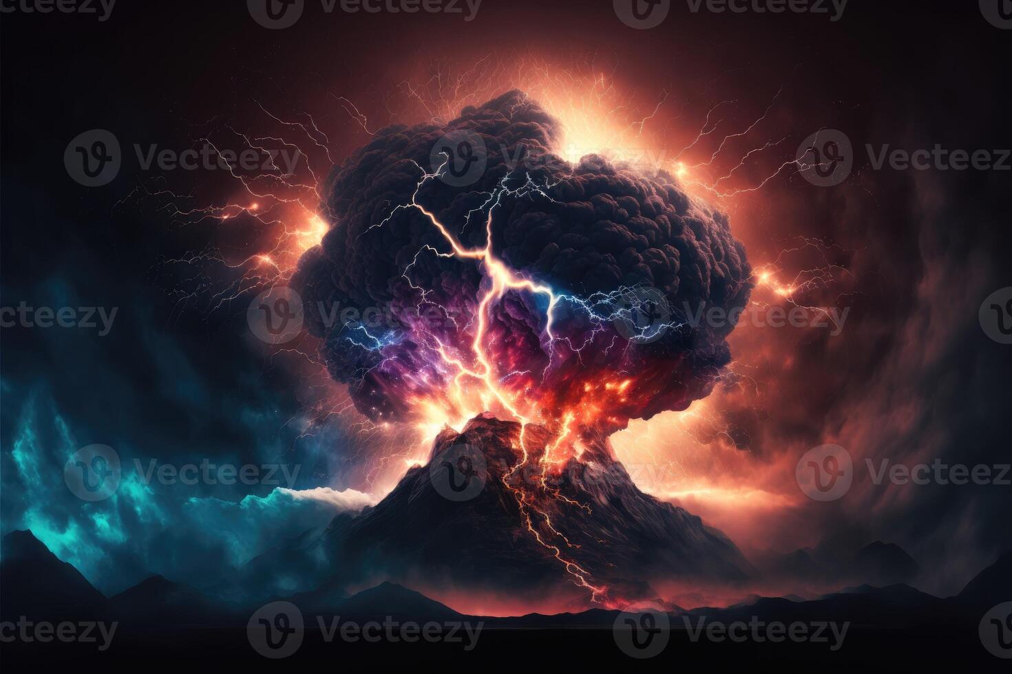 Powerful explosion with lightning and smoke at night abstract background. photo