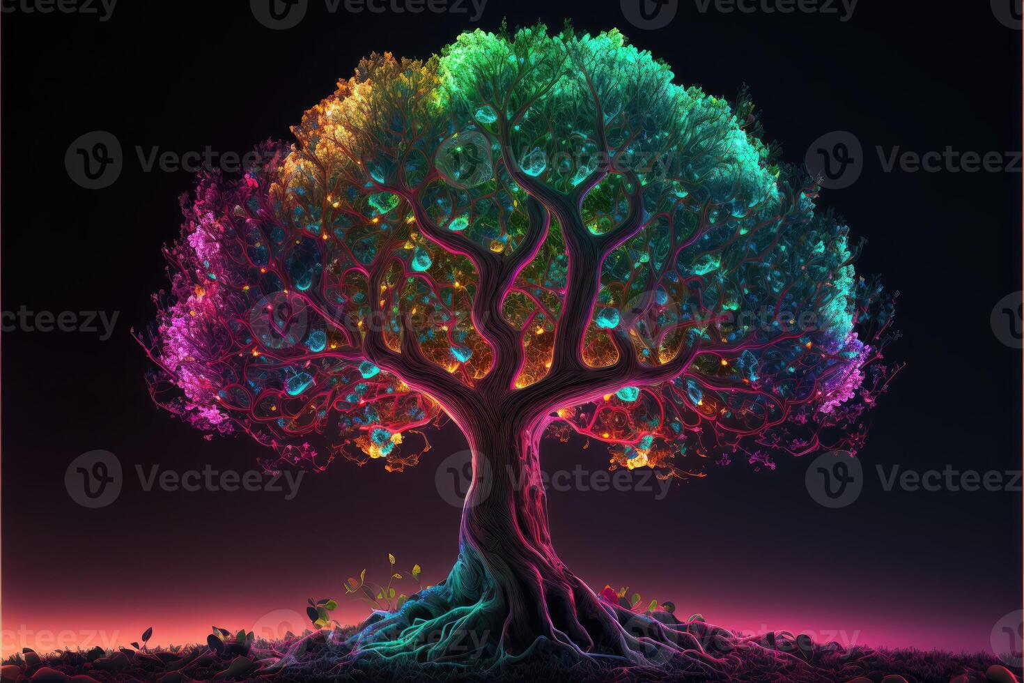 Fertile tree illuminated with colorful neon lights photo