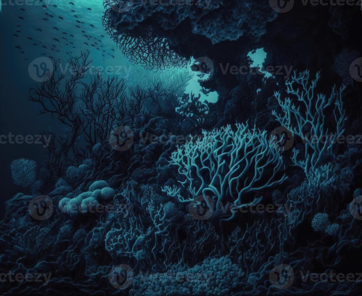 Deep underwater atmosphere. Large coral reef , seaweed and deep water fish on dark background. photo