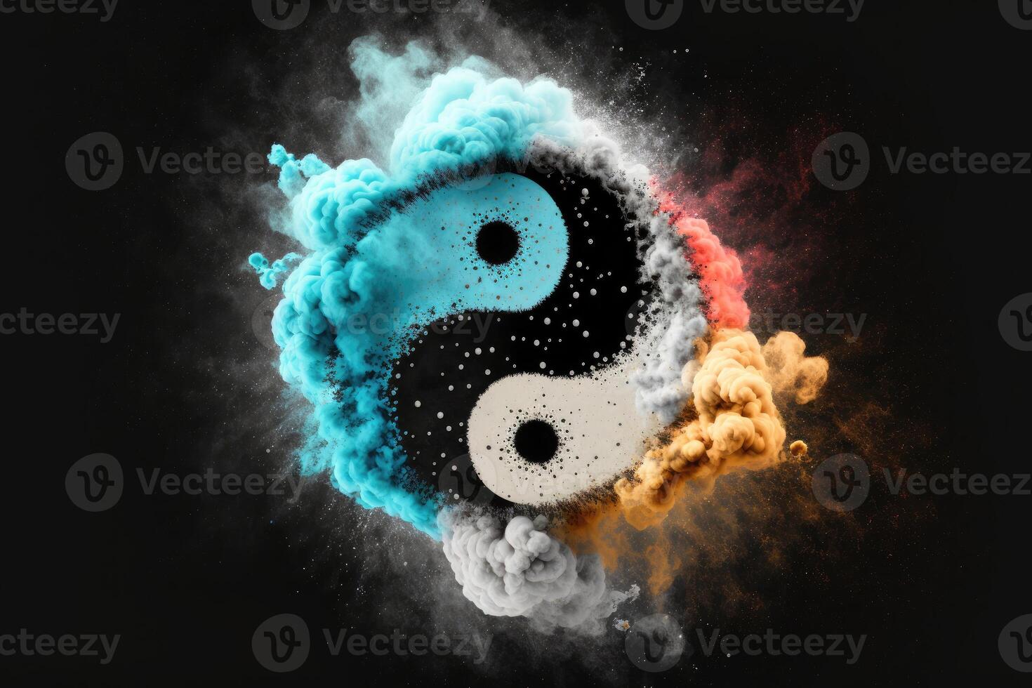 Yin Yang symbol with floating explosion powder abstract background. photo