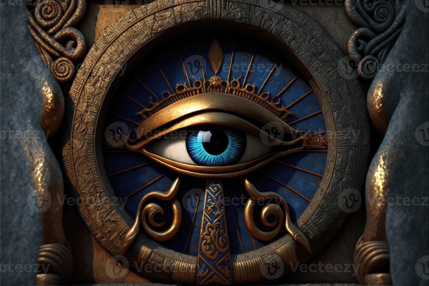 Eye of Horus, wedjat eye or udjat eye at the entrance to the temple of the Pharaohs abstract background. photo