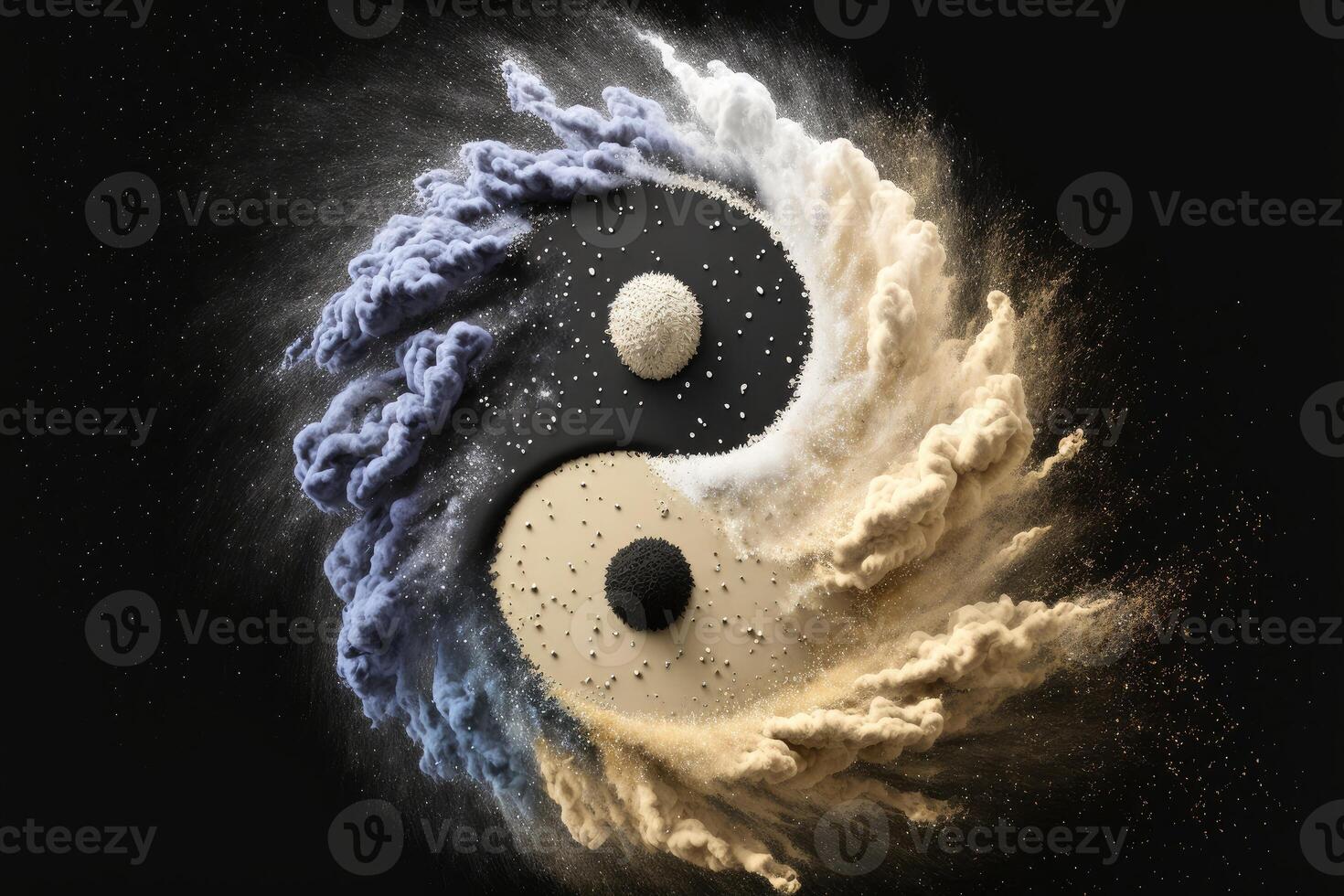 Yin Yang symbol with floating explosion powder abstract background