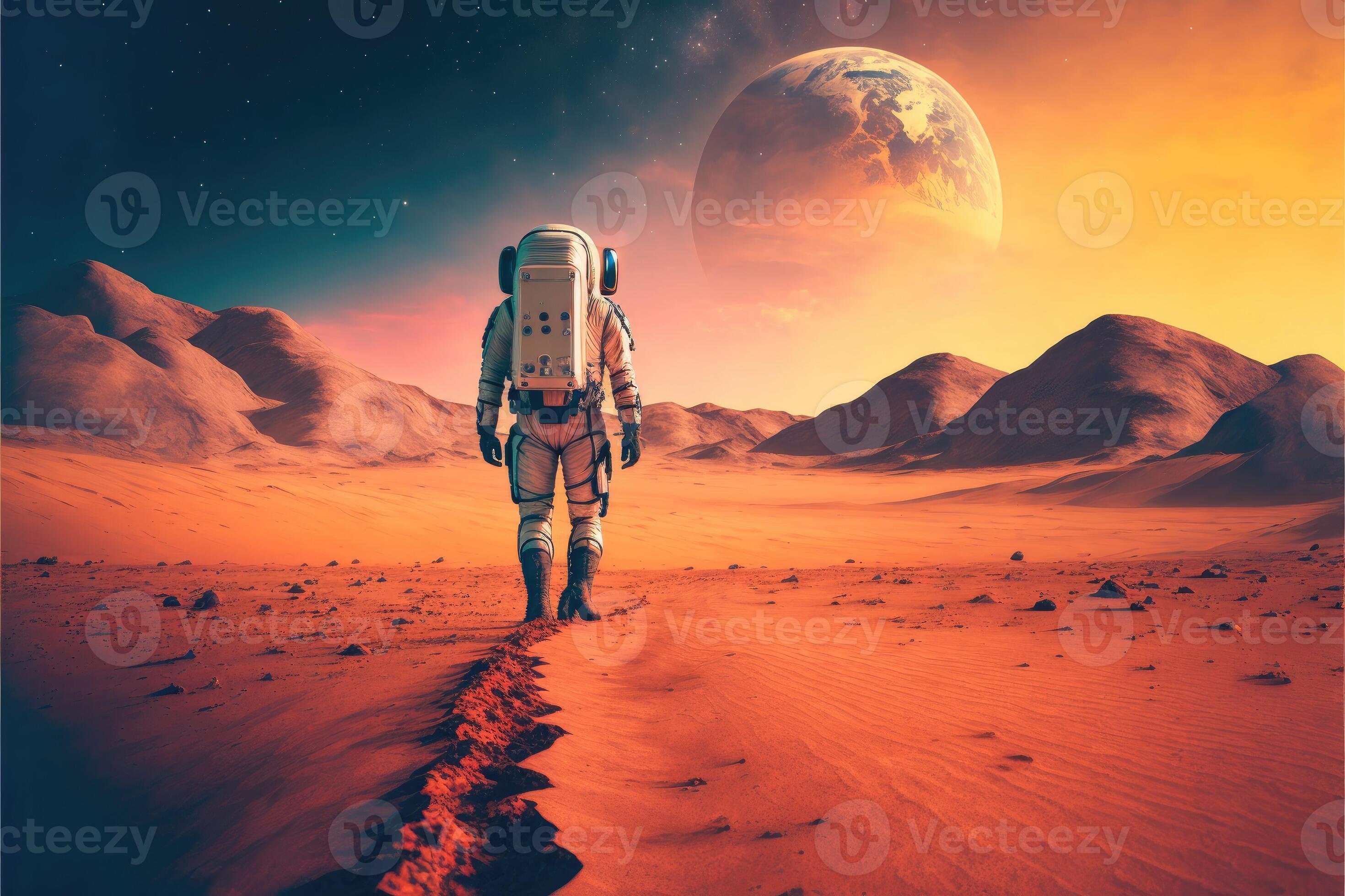 AI Generated Astronaut walking across desert on Mars planet abstract  background 21837379 Stock Photo at Vecteezy