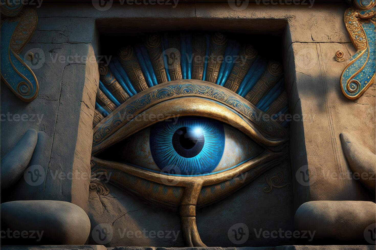 Eye of Horus, wedjat eye or udjat eye at the entrance to the temple of the Pharaohs abstract background. photo
