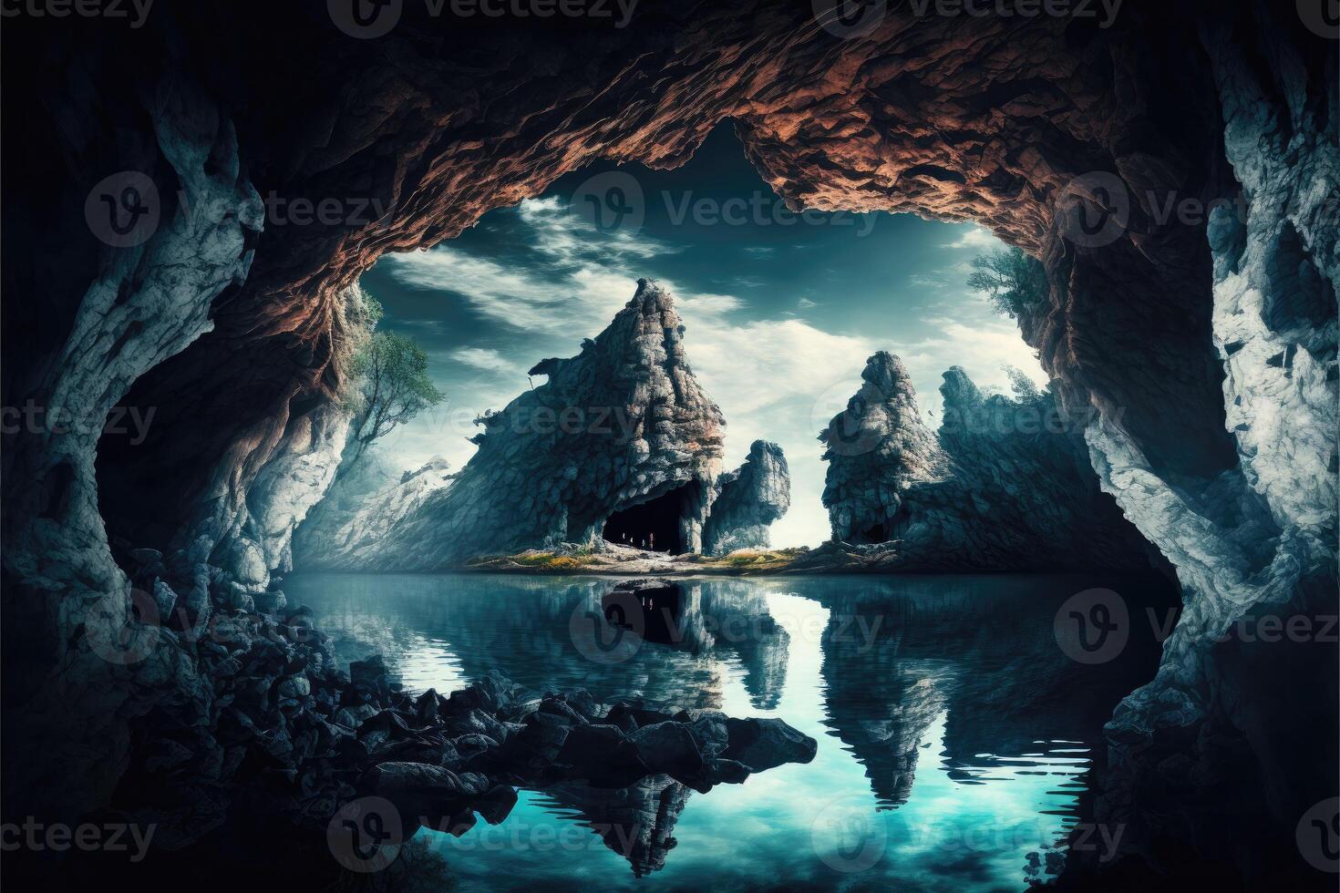 Giant rocks and cave entrance reflect on water of lake fantasy