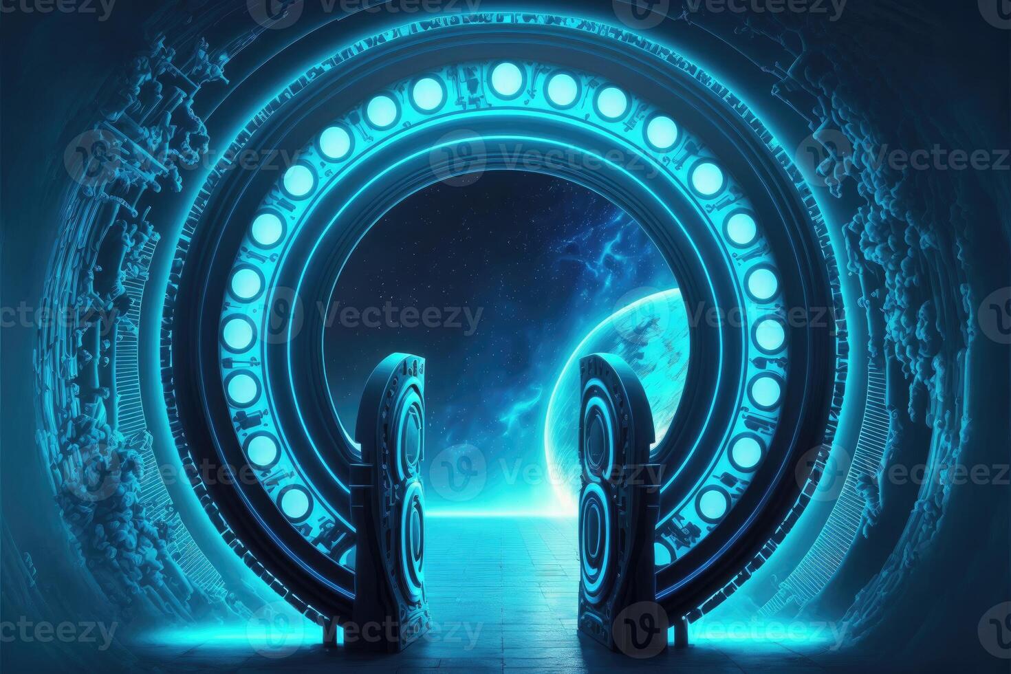 Circle portals or teleport cyber technology in fantasy magic world on blue background photo