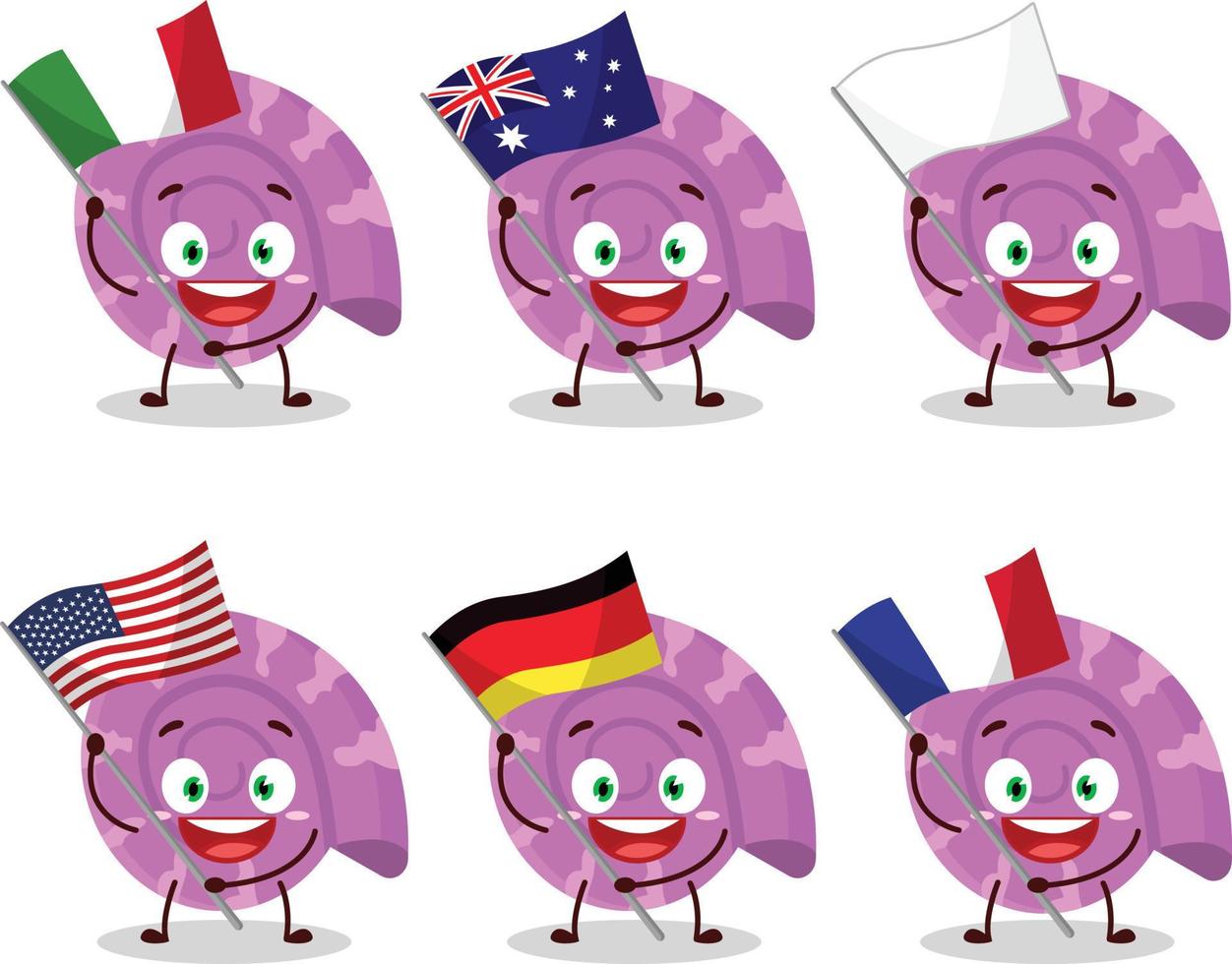 Purple clam cartoon character bring the flags of various countries vector