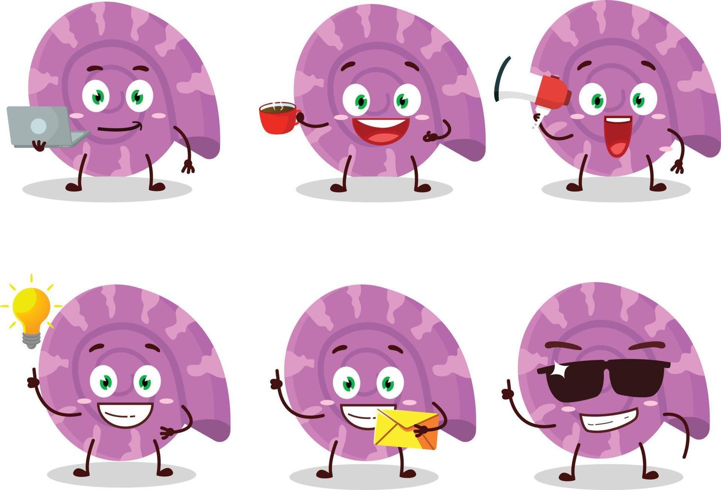 Purple clam cartoon character with various types of business emoticons vector