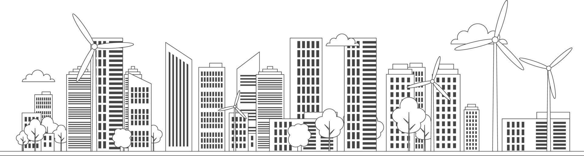 Outline green city wind turbines vector illustration.