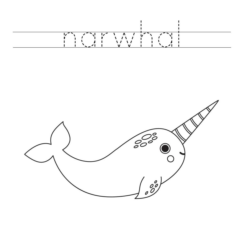 Trace the letters and color cartoon narwhal. Handwriting practice for kids. vector