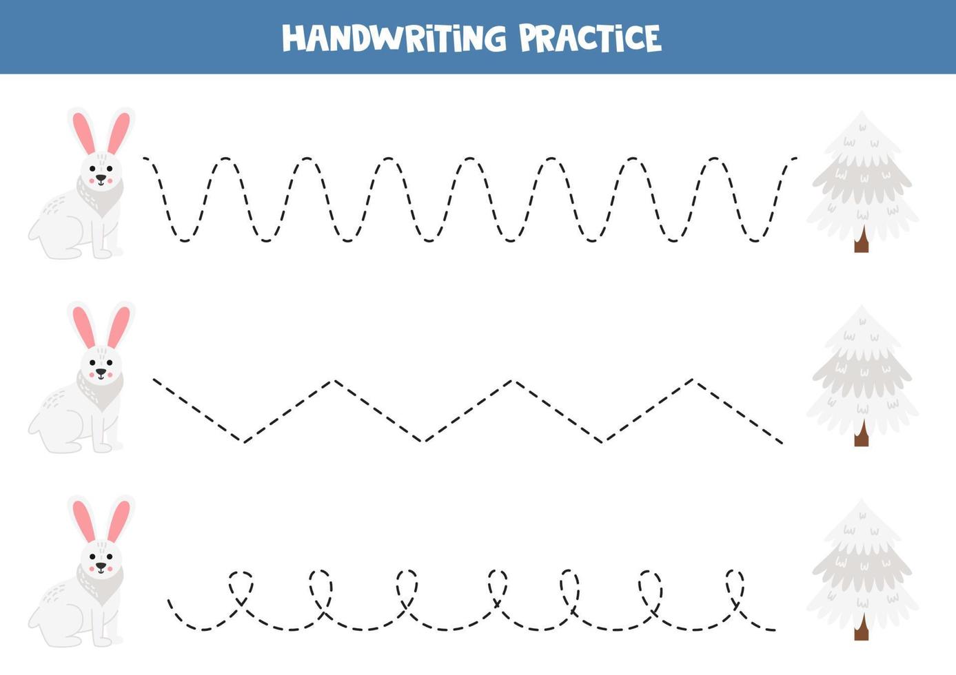 Tracing lines for kids. Cartoon arctic hare and pine tree. vector