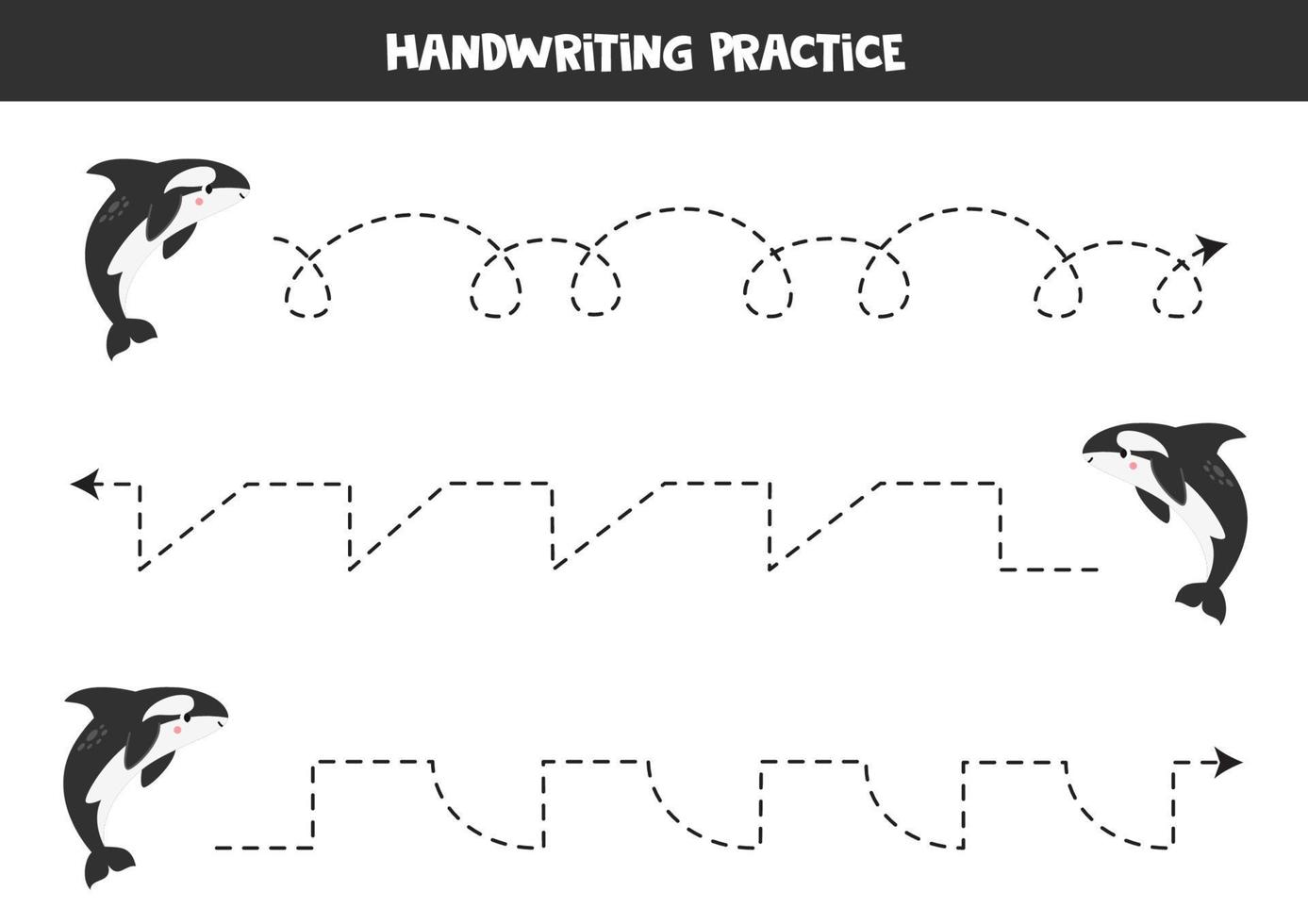 Tracing lines for kids. Cartoon killer whale or orca. vector