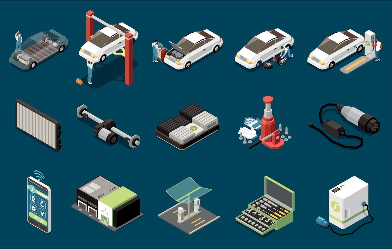 eléctrico vehículo Servicio isométrica conjunto vector