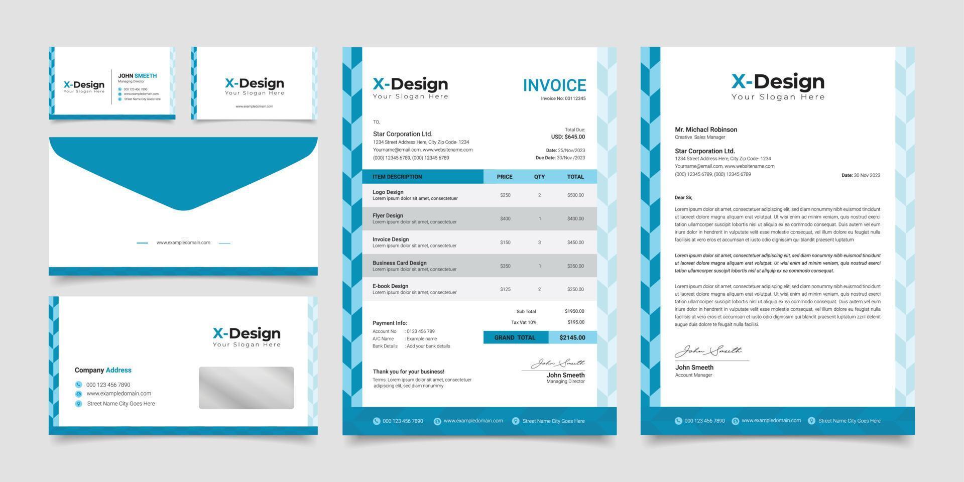 A set of different templates including invoices letterhead business cards and envelopes vector