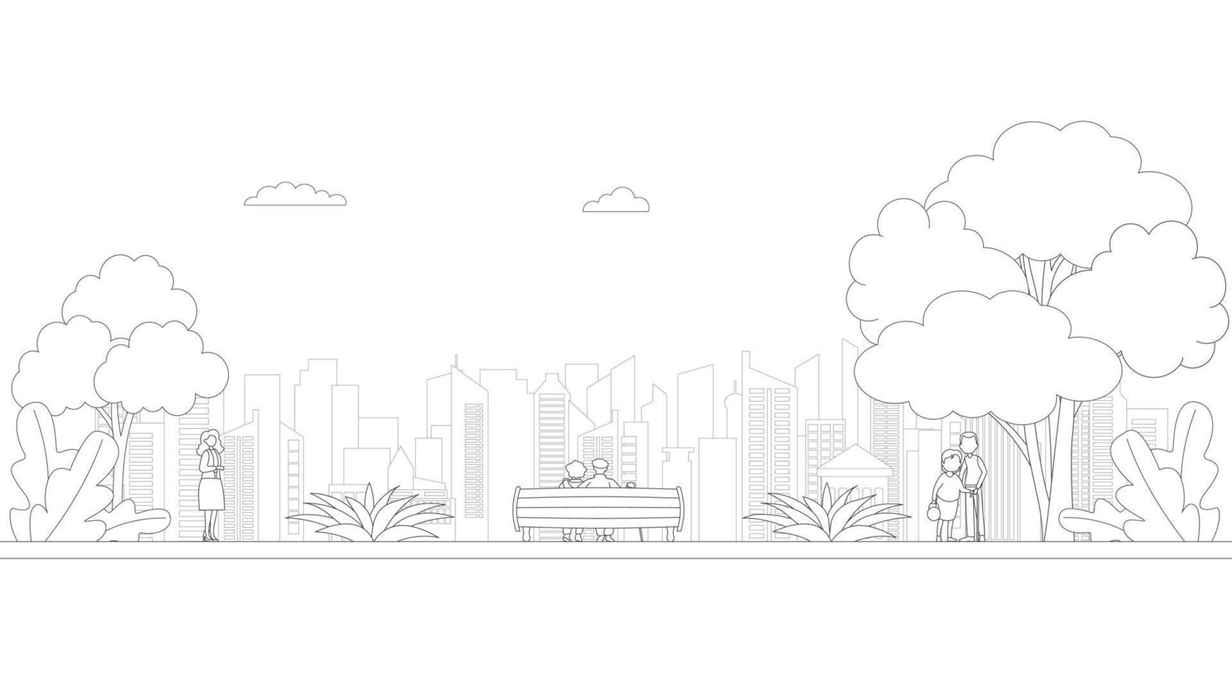 People, city skyline in line art style - landscape with houses, trees and clouds. Isolated vector illustration of beautiful cityscape for real estate and property banner or card