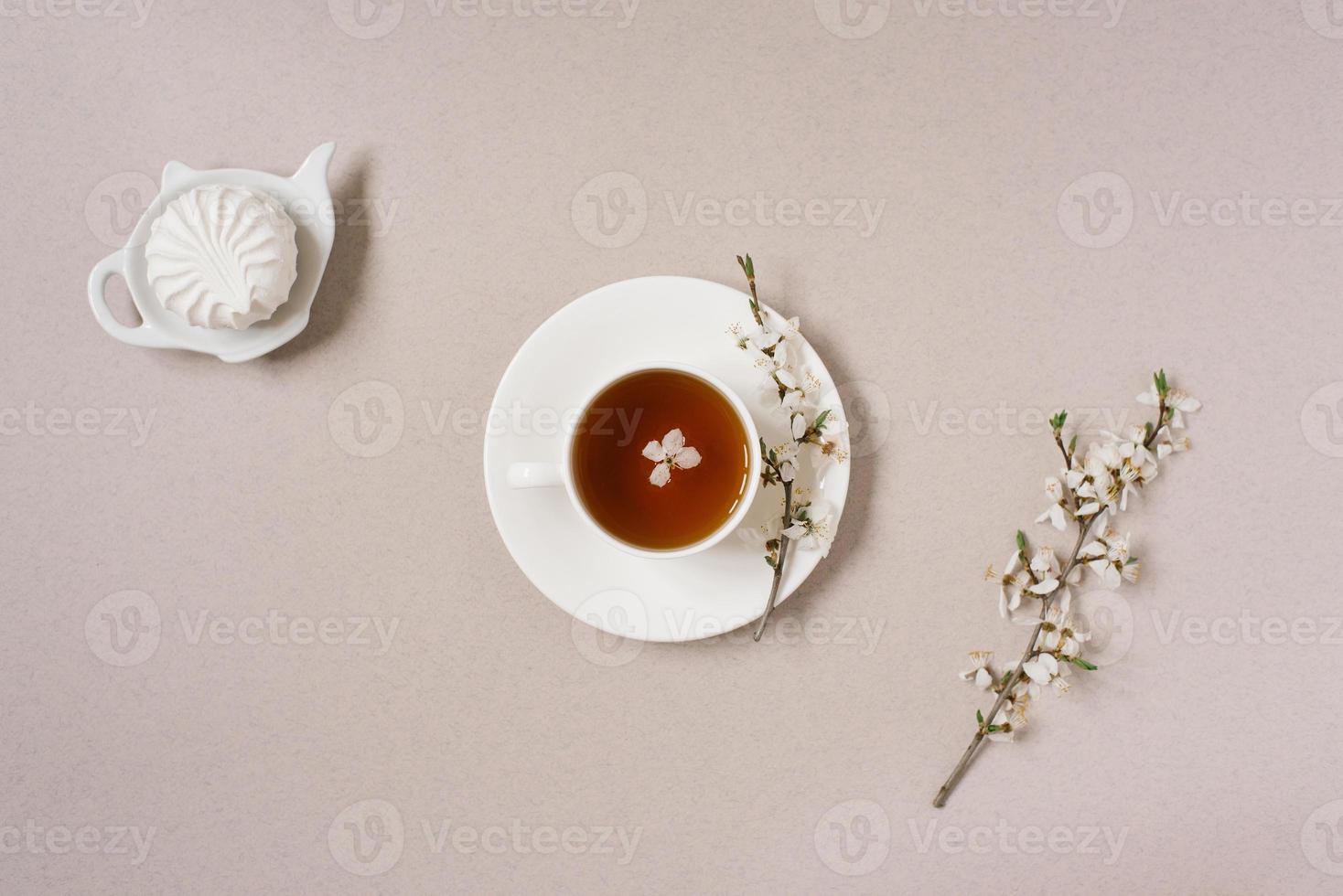 The concept of spring. A cup of black tea with apple blossoms and marshmallows on a teapot plate on a beige background photo