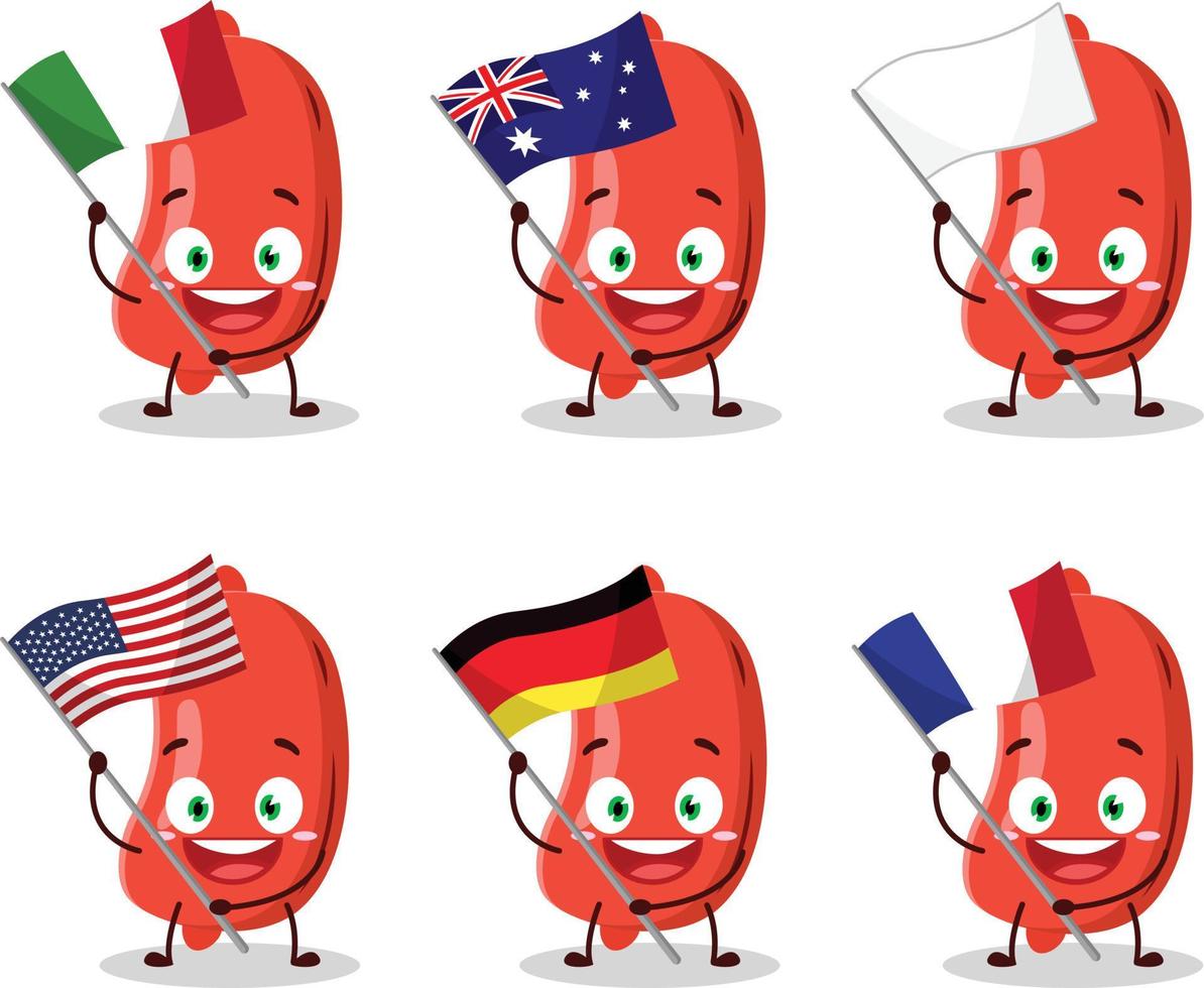 Sausage cartoon character bring the flags of various countries vector