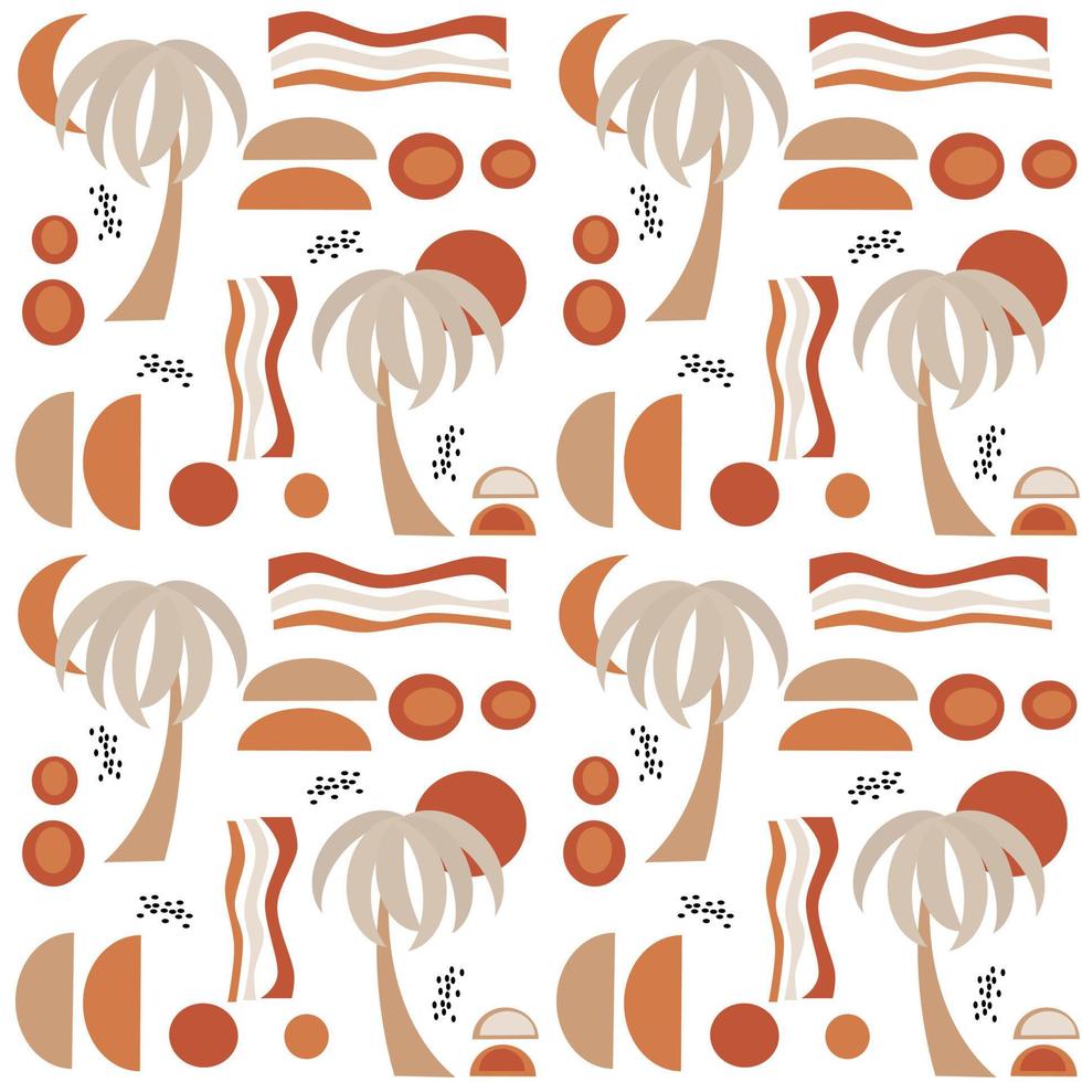 Cute modern terracotta abstract seamless vector pattern background illustration with palm trees and geometric shapes