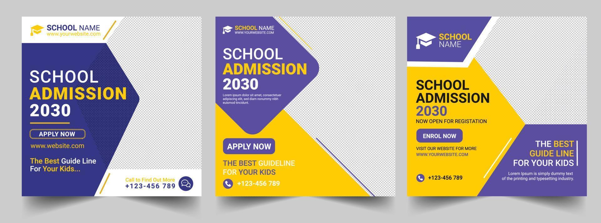 School admission social media post banner design. back to school social media post banner design set. Back to school admission promotion banner. school admission template for social media vector