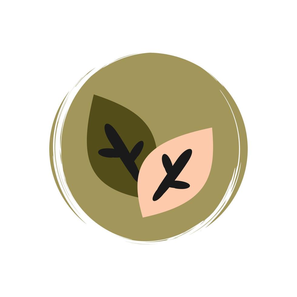 Cute logo or icon vector with abstract leaves in contemporary boho style, illustration on circle with brush texture, for social media story and highlights