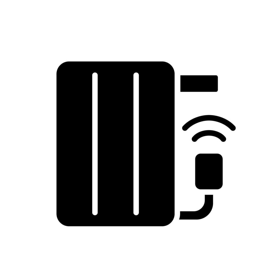 Smart radiator black glyph icon. Room temperature regulation. Control device via smartphone app. Temperature sensor. Silhouette symbol on white space. Solid pictogram. Vector isolated illustration