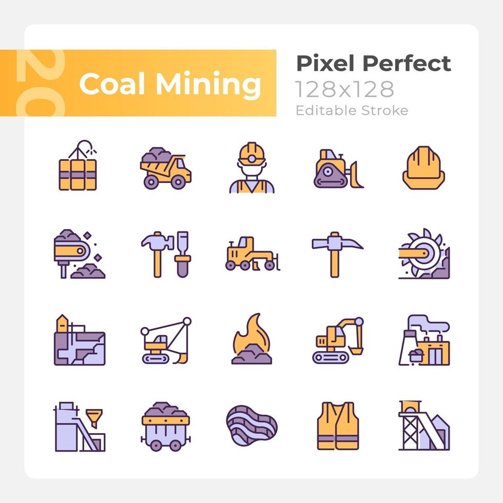 Coal mining pixel perfect RGB color icons set. Personal protective equipment. Heavy industry. Fossil fuel. Isolated vector illustrations. Simple filled line drawings collection. Editable stroke