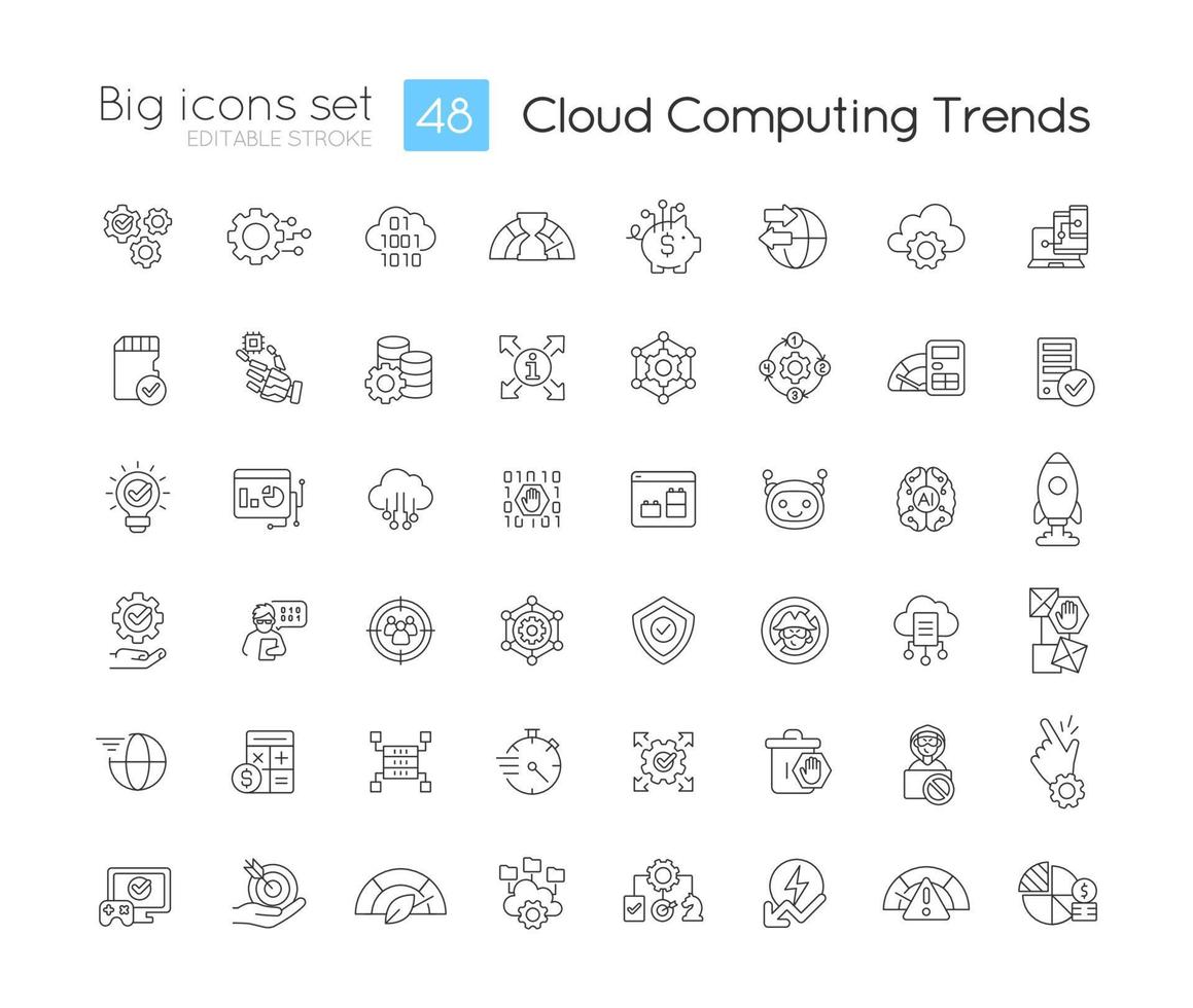 Cloud computing trends linear icons set. Innovating technologies benefits. Customizable thin line symbols. Isolated vector outline illustrations. Editable stroke