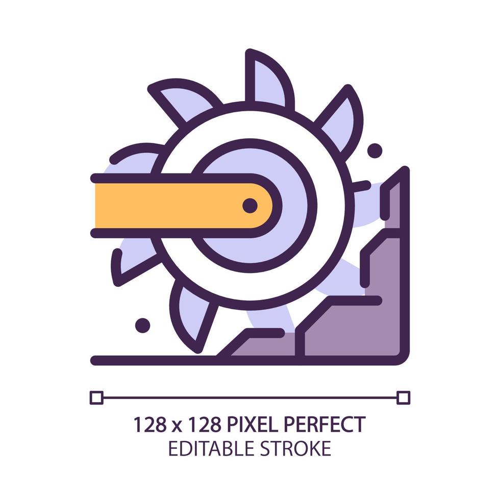 Bucket wheel excavator pixel perfect RGB color icon. Large heavy equipment machine. Coal mining industry. Motor vehicle. Isolated vector illustration. Simple filled line drawing. Editable stroke