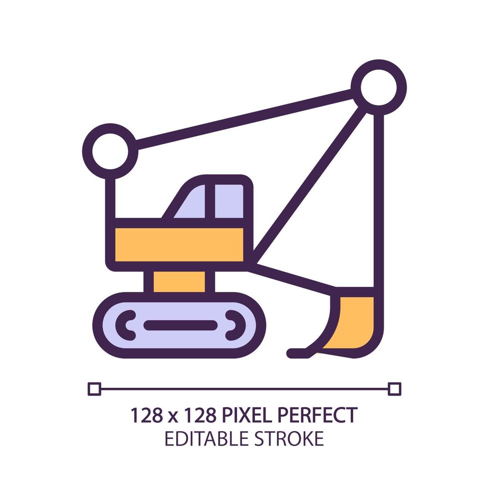 Dragline excavator pixel perfect RGB color icon. Large heavy equipment machine. Strip mining industry. Motor vehicle. Isolated vector illustration. Simple filled line drawing. Editable stroke