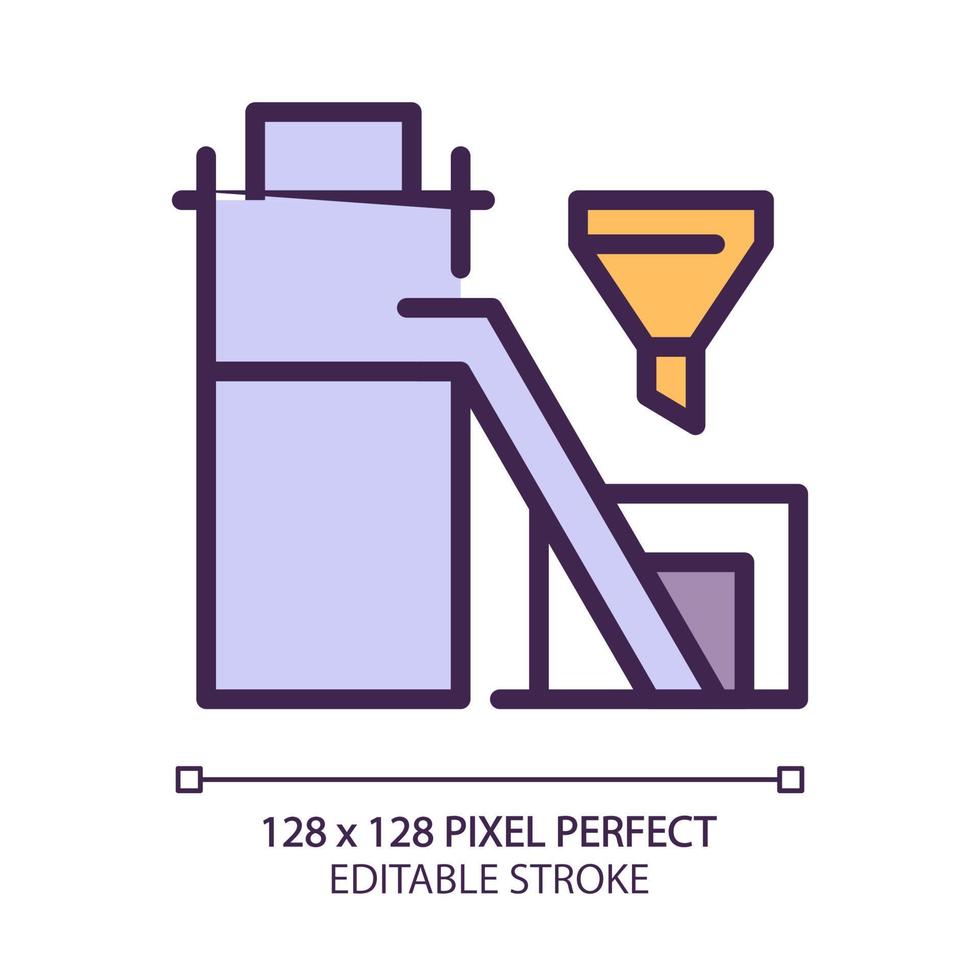 Coal preparation plant pixel perfect RGB color icon. Preparing materials for market. Ore and rocks processing factory. Isolated vector illustration. Simple filled line drawing. Editable stroke