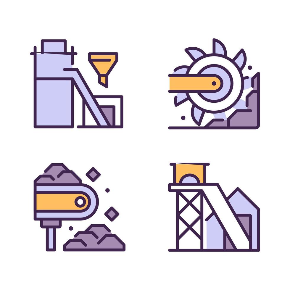 Coal mining process pixel perfect RGB color icons set. Heavy industry. Processing plant. Bucket wheel excavator. Isolated vector illustrations. Simple filled line drawings collection. Editable stroke
