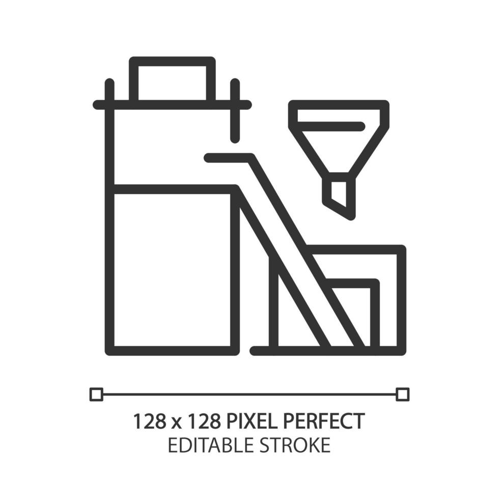 Coal preparation plant pixel perfect linear icon. Preparing materials for market. Ore and rocks processing factory. Thin line illustration. Contour symbol. Vector outline drawing. Editable stroke